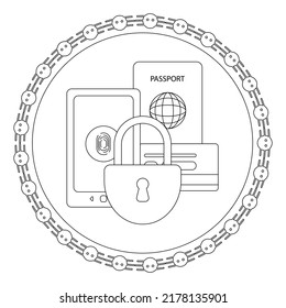 A modern linear illustration on the topic of data preservation and the search for malware programs to protect personal information. An image of a phone, bank card and passport surrounded by a virus