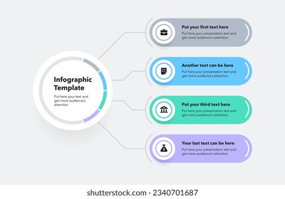 Modern linear infographic template with four colorful options. Simple flat presentation diagram with icons and places for your texts.