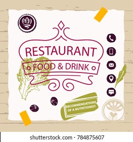 Modern linear label, emblem, badge. Food and drink.  Template logo for nutrition catering cafe, restaurant menu. Vector illustration. Luxury silhouette crown. 
