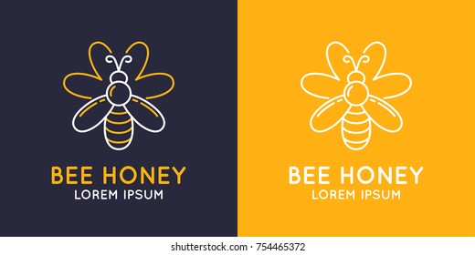 Modern linear logos for beekeepers. The stickers on the products of the apiary. Stylish vector label for bee honey.