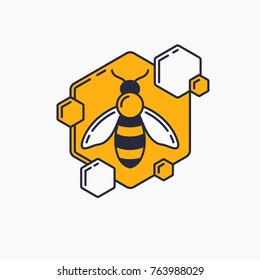 Modern linear logos for beekeepers. The stickers on the products of the apiary. Stylish vector label for bee honey.