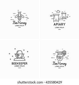 Modern linear logos for beekeepers. Tools of the beekeeper. The stickers on the products of the apiary. A set of stylish logos vector bee honey.