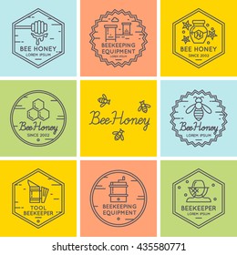 Modern linear logos for beekeepers. Tools of the beekeeper. The stickers on the products of the apiary. A set of stylish logos vector bee honey.