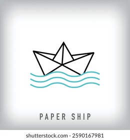 Modern linear paper ship design. Artistic learning idea concept template.