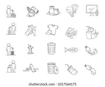 Modern linear pictogram of garbage. Set of concept line icons garbage. Garbage icons. Waste garbage metal, glass, paper, plastic, food, electronics, organics. Sorting of waste. 