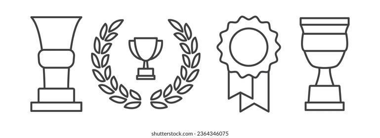 Modernes lineares Piktogramm Tasse. Award-Symbol-Set. Vektorgrafik. Trophäe Symbole auf weißem Hintergrund. Prämiensymbole im Linienstil. Hochwertige Umrisssymbol-Sammlung der Leistung. gewinnend 