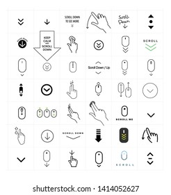 Modern linear pictogram of scroll down. Set of concept line icons scroll down. Icons of scroll down. Scroll down up computer mouse icon. Set of scrolling icons for a website, web design, mobile apps