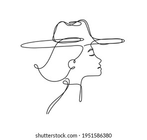 Modern linear portrait of young beautiful woman wearing hat.  Profile face in one line style. Vector illustration