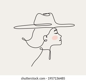 Modern linear portrait of young beautiful woman wearing hat.  Profile face in one line style. Vector illustration