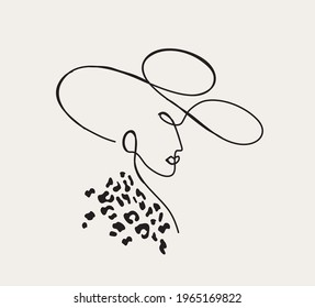 Modern linear portrait of young beautiful woman wearing hat.  Profile face in one line style. Vector illustration
