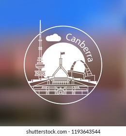 Modern linear round logo on blurred background. One line travel identity concept. Canberra Australia  detailed silhouette. Trendy vector illustration, flat style. Stylish landmarks.