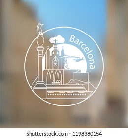 Modern linear round logo on blurred background. One line travel identity concept. Barcelona Spain detailed silhouette. Trendy vector illustration, flat style. Stylish landmarks.