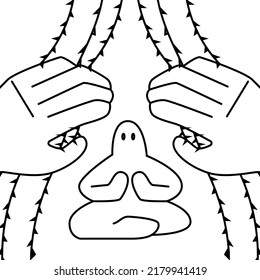 A modern linear and simple poster of psychological health. The concept of finding and preserving one's own identity. Hands opening the veils of negative thoughts to see the inner self