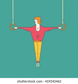 Modern linear style illustration of gymnast hanging on the rings. Artistic gymnastic concept with an athlete performing.