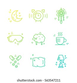 Modern linear style vector collection of icons on sleep problems and incomnia.