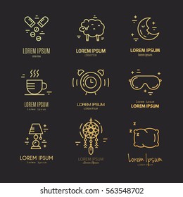 Modern linear style vector collection of icons on sleep problems and incomnia.