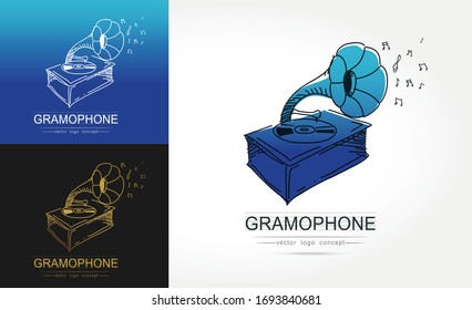 Modern linear thin flat design. The stylized image of gramophone. classic music festival logo Template for covers, logo, posters, invitations on white background Vector illustration