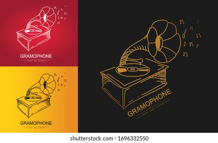 Modern linear thin flat design. The stylized image of gramophone. classic music festival logo Template for covers, logo, posters, invitations on black background Vector illustration