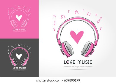 Modern linear thin flat design. The stylized image of Headphone with heart. music festival logo Template for covers, logo, posters, invitations on white background Vector illustration