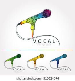 Modern linear thin flat design.Template for vocal or music school.Microphone stylized logo.Vector illustration 