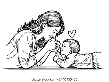 Modern, linear vector illustration of a happy mom lovingly interacting with her child.