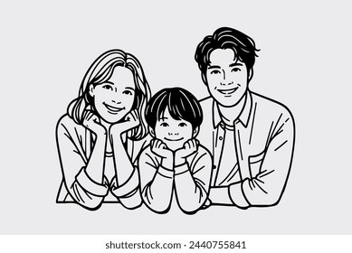 Modern, linear vector illustration, happy family. Mom, dad, and child enjoying together.