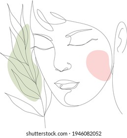 Modern linear woman face with flower, continuous female illustration. Elegant vector concept for beauty, tattoo, sublimation, print. Abstract portrait on white backdrop. Minimal art style. 