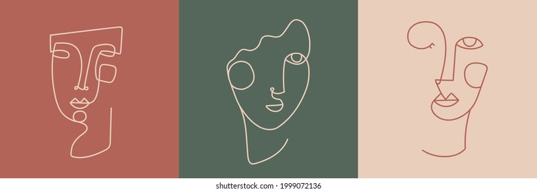 Montaje moderno de ilustraciones faciales de arte lineal. 