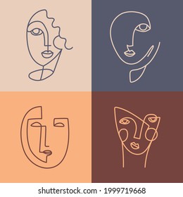 Modern line-art face illustrations set. Ethnic style abstract art.