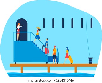 Línea moderna para viajes, cruceros que viajan por todo el mundo, transporte marítimo, vehículo confiable, ilustración vectorial de estilo caricaturista.