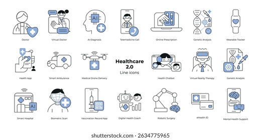 Ícones modernos em estilo de linha que ilustram a saúde digital: diagnóstico de IA, telemedicina, tecnologia vestível, saúde mental, cirurgia robótica, hospitais inteligentes e inovações médicas.