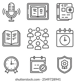 Moderne Vektorsymbole im Linienstil für Trainingsplattformen: E-Learning, Zusammenarbeit, Selbststudium und Akkreditierung