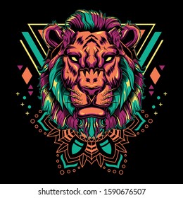 Modern lion head mandala geometry vector illustration on black background for t-shirt, sticker, posters. Animal tattoo style 