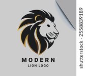 Modern lion logo design with bold black and gold mane on light gray background for strength and elegance 