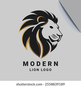 Modern lion logo design with bold black and gold mane on light gray background for strength and elegance 