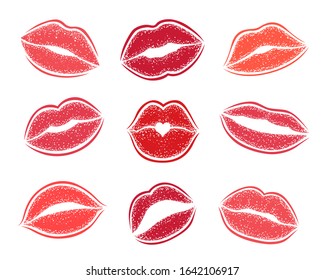 Modern Lips prints on a white background. Vector set of womans girl lipstick kiss mark.