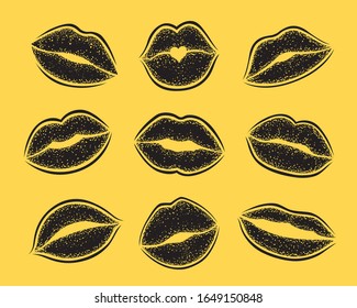Moderne Lippen drucken auf weißem Hintergrund. Vektorillustration Set von Frauen Mädchen Lippenstift küssen Mark.