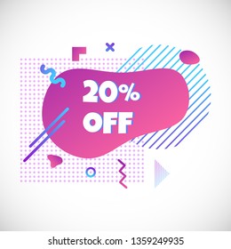 Modern liquid abstract special offer price sign 20% off DISCOUNT text gradient flat style design fluid vector colorful vector illustration banner simple shape advertising big sale or clearance symbol 