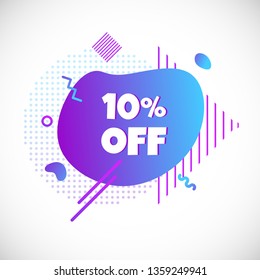 Modern liquid abstract special offer price sign 10% off DISCOUNT text gradient flat style design fluid vector colorful vector illustration banner simple shape advertising big sale or clearance symbol 