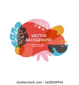 Modern liquid blobs layout with hand drawn elements. Floral motif paint splashes in abstract banner with copy space. Overlapping wavy and natural shapes template for cover, landing, apparel, blog