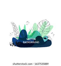 Modern liquid blobs layout with hand drawn elements. Floral motif paint splashes in abstract banner with copy space. Overlapping wavy and tropical leaves shapes template for cover, apparel, blog, ad