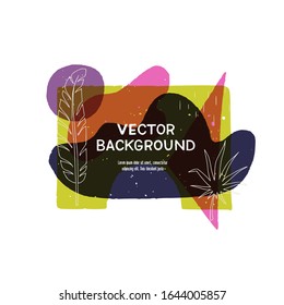 Modern liquid blobs layout with hand drawn elements. Geometrical paint splashes, tropical leaves in abstract banner with copy space. Overlapping wavy shapes template for cover, landing, apparel, blog