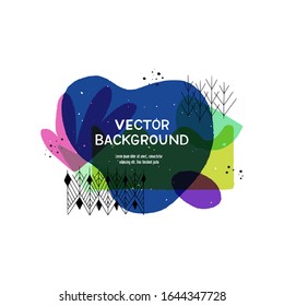 Modern liquid blobs layout with hand drawn elements. Floral motif paint splashes in abstract banner with copy space. Overlapping wavy, natural shapes template for cover, landing, apparel, blog, vlog