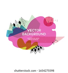 Modern liquid blobs layout with hand drawn elements. Geometrical paint splashes in abstract banner with copy space. Overlapping wavy and geometric shapes template for cover, blog, card, emblem, frame