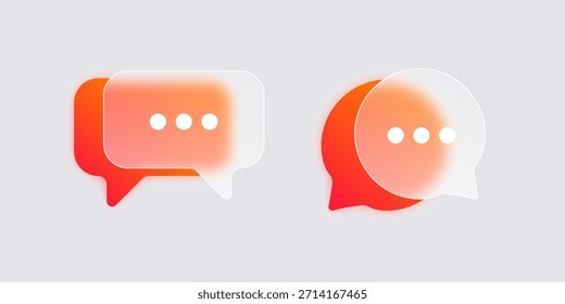 Modern liquid glass interface speech bubbles. Chat symbols in glassmorphism with gradient, blur and transparency. Dialogue boxes, chatting, and talking. Vector illustration.