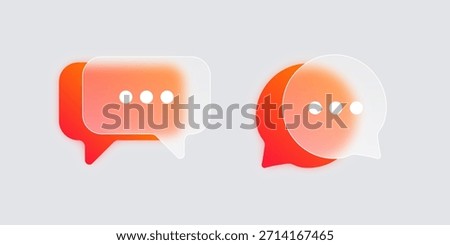 Modern liquid glass interface speech bubbles. Chat symbols in glassmorphism with gradient, blur and transparency. Dialogue boxes, chatting, and talking. Vector illustration.