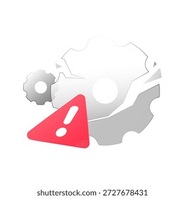 Moderne Flüssigglas-Vektorgrafik von geknacktem Zahnrad mit Ausrufezeichen. Systemfehler, -fehler oder -fehler im Entwurf der Benutzeroberfläche. Konzepte Softwarefehler, technisches Problem, Absturz