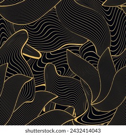 Modern liquid gold lines distressed seamless pattern with abstract line art flowers, different shapes, stripes, curves. Vector ornamental beautiful trendy background. Beautiful hand drawn ornaments.