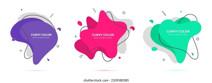 Modern liquid irregular amoeba blob shape abstract elements graphic flat style design fluid vector illustration set banner simple shape template for presentation, flyer, isolated on white background