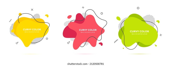 Modern liquid irregular amoeba blob shape abstract elements graphic flat style design fluid vector illustration set banner simple shape template for presentation, flyer, isolated on white background